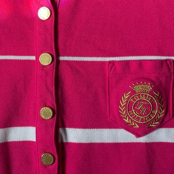 S Tommy Hilfiger Fuscia & white striped polo. Gold embroidery & gold buttons - Picture 3 of 7